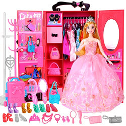 Doll Closet Wardrobe 11.5 Inch Fashionable Girls Doll and Clothes Accessories-51Pcs Including Shoes,Dresses,Bags,Necklaces,Hangers and Suitcases,Dream Wardrobe Gift for Boys Girls and Toddlers,Rose