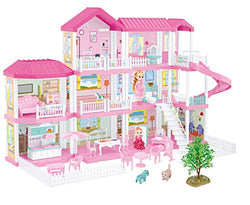 FIXSON Dollhouse Dream House with Furniture Accessories DIY Pretend Play Doll House for Girls 2,3,4,5,6,7 Year Old (7 Rooms)