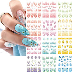 12 Sheets Flower Nail Art Sticker Decals Spring Summer Water Transfer Nail Stickers for Nail Art with Watermark French Tips Designs Nail Decals Watercolor Floral Nail Supplies for Women Girls DIY