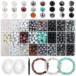 PAXCOO 840pcs 8mm Glass Beads for Jewelry Making, 24 Colors Glass Beads for Bracelet Making, Marble Round Loose Beads for Men Women Bracelet Earring Necklace Jewelry Making Supplies