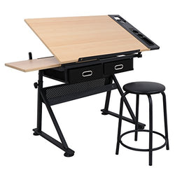 LEMY Adjustable Drafting Desk Drawing Table Tiltable Tabletop w/Stool and Drawer Art Craft Work Station