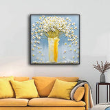 Renaiss 16x16 Inches 3D Hand Painted White Yellow Flower Wall Art for Bedroom Office Living Room Decor Abstract Floral in Vase Painting Light Blue Canvas Prints Picture Modern Home Decor Framed