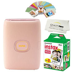 Fujifilm Instax Mini Link 2 Smartphone Printer Plus Instax Mini Films 20 Pack. Plus Stickers. Bonus All-Purpose Microfiber Cloth -Soft Pink