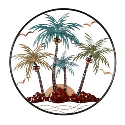 Touch of Class Sunset Paradise Tropical Theme Palm Tree Metal Wall Art - Round Design - Finished by Hand - Aqua Blue, Sage Green - Decorative Sculpture for Bedroom, Living Room