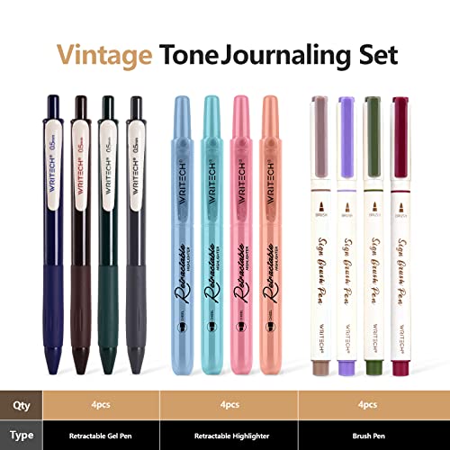  WRITECH Journaling Pens Set, Includes 4 Retractable  Highlighters, 4 Retractable Gel Ink Pens, and 4 Brush Pens, No Bleed  Assorted Colors, 12-Count (Mild Set) : Office Products