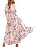 YESNO Women Casual Loose Bohemian Short Sleeve Floral Dress with Pockets Long Maxi V Neck Summer Beach Swing Dress