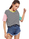 Romwe Women's Colorblock Summer Contrast Neck and Sleeve Casual Striped Tee T-shirt Top pink green Large