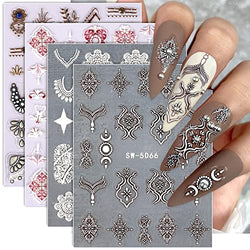 4 Sheets Lace Nail Art Stickers Decals 5D Embossed Nail Supplies Retro Bohemian Nail Decor Bronze White Pink Lace Necklace Star Moon Flower Stereoscopic Carved Nail Accessories DIY for Women Girls