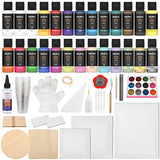 Nicpro 26 Colors Acrylic Pour Paint Kit, Premixed High Flow Pouring Supplies Set Including Canvas, Wood Natural Slices, Pouring Oil, Tools Gloves, Strainer, Cups for Beginner DIY Painting