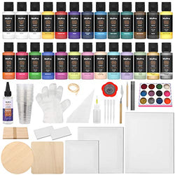 Nicpro 26 Colors Acrylic Pour Paint Kit, Premixed High Flow Pouring Supplies Set Including Canvas, Wood Natural Slices, Pouring Oil, Tools Gloves, Strainer, Cups for Beginner DIY Painting