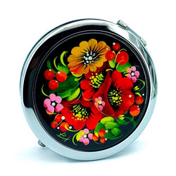 Petrykivka Ethnic Floral Design Hand Painted in Ukraine Round Cosmetic Makeup Double-Sided Pocket