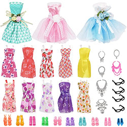 YTSQLER Doll Clothes and Accessories,33Pcs Doll Clothing 3 Doll Party Dresses 10 Random Fashion Slip Dresses 10 Pairs Doll Shoes 6 Doll Necklaces and 4 Glasses for 11.5 inch Girl Dolls