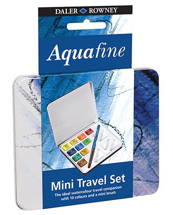 Daler Rowney mini travel set of 10 Aquafine water colour paints in a tin box