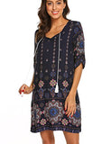 Halife Women 3/4 Sleeve Shift Dress Boho Tribal Print Summer Beach Dress Sundress Navy Blue,M