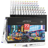 Arteza Alcohol Art Markers, Set of 72 Colors, Sketch Pens in Organizer Box, Dual Tips – Fine and Broad Chisel, Art Supplies for Coloring, Sketching, and Drawing
