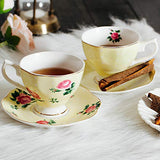BTaT- Floral Tea Cups and Saucers, Set of 8 (8 oz) Multi-color with Gold Trim and Gift Box, Coffee Cups, Floral Tea Cup Set, British Tea Cups, Porcelain Tea Set, Tea Sets for Women, Latte Cups