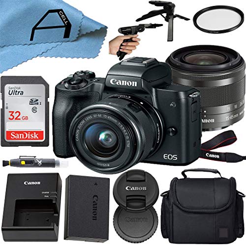Canon EOS M50 Compact Mirrorless Digital Camera with EF-M 15-45mm is STM Zoom Lens + SanDisk 32GB Memory Card + Case + Tripod + A-Cell Accessory Bundle (Black)