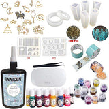 INNICON 250g Crystal Clear Epoxy Resin Decoration Kit 9 Silicone Molds 12 Accessories Glitters 13 pigment Mini UV/LED Lamp Tweezers For DIY Jewelry Starter Kit for Resin Crafts Pendants Charms Making
