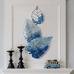 Anjur Metal Blue Leaves Wall Art Decoration, 3D Wall Sculpture, Wall Hangings Decorative for Living Room Bedroom Bathroom Kitchen Farmhouse Office, 55 * 99 cm