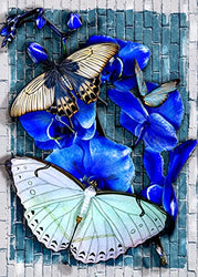 5d Diamond Painting Kits for Adults Full Drill Beautiful Butterflies with Orchids Flowers 12in x16in Diamond Art Round Drill, Crystal Puzzle Wall Decor Blue Color Orchids Butterflies on Branch