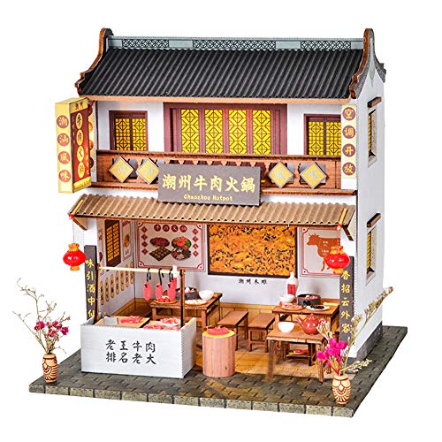 WYD 3D Wooden Chinese Style Hand-Assembled House Model DIY Mini Chaoshan Style Beef Hot Pot Restaurant Puzzle Shop Scene Architecture New Year Birthday Gift for Children Relatives and Friends
