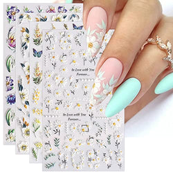 JMEOWIO 3D Embossed Spring Flower Nail Art Stickers Decals Self-Adhesive Pegatinas Uñas 5D Colorful Floral Summer Nail Supplies Nail Art Design Decoration Accessories 4 Sheets