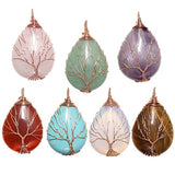 Top Plaza Wire Wrapped Tree of Life Natural Gemstone Teardrop Pendant Necklace Healing Crystal