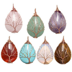 Top Plaza Wire Wrapped Tree of Life Natural Gemstone Teardrop Pendant Necklace Healing Crystal