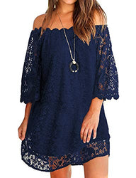 OURS Womens Off Shoulder Lace 3/4 Sleeve Strapless Summer Mini Dress Navy Blue XL