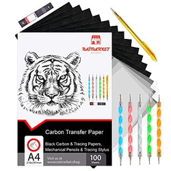 Carbon Paper for Tracing On Wood by Raimarket | 112 Pcs | Tracing Paper for Sewing Patterns and Fabric Includes 2 Pencil 2 Lead Box 1 Stylus| A4 Size (9 X 13") Graphite Paper (Black)