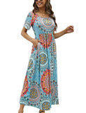 CHERFLY Women's Summer Maxi Dress Short Sleeve Casual Long Dress with Pockets (Floral Mix Blue,Medium)