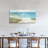 Beach Sea Canvas Wall Art: Coastal Reed Hand Painting Abstract Blue Ocean Sailboat Nautical Picture Modern Seascape Grass Path Artwork Decor for Living Room Bathroom Bedroom