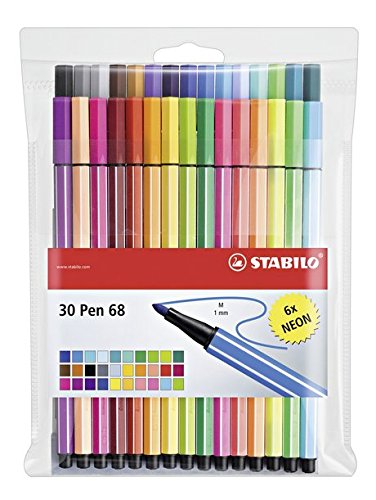 Stabilo Pen 68 Coloring Felt-tip Marker Pen, 1 mm - 30-Color Wallet Set