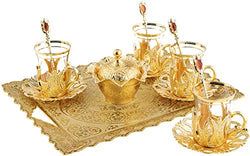Turkish Tea Glasses Set with Decorated Metal Glass Holders, Saucers, Sugar Bowl with Lid & Serving Tray for 4 Ppl, 3.3 Oz (Gold)