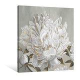 Goldfoilart Floral Wall Art Modern Abstract White Blooming Flower Picture with Gold Foil Artwork for Home Kitchen Living Room Bedroom Décor 24" x 24"