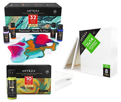 Arteza Acrylic Pouring Paint 32 with Iridescent Paint 10 and 11x14 Stretched Canvas Bundle, Painting Art Supplies for Artist, Hobby Painters & Beginners