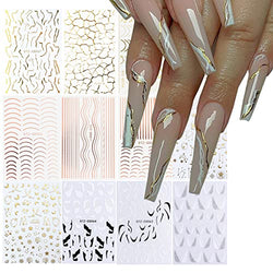 YOSOMK Line Nail Art Stickers 3D Line Nail Decals 12 Sheets Metal Curve Nail Art Supplies Self-Adhesive Gold Stripe Lines Design Sticker for Nail Art DIY Decoration
