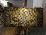 Large Abstract Dark Gold add Silver Wall Art Hand Painted Textured Squares Oil Painting on Canvas Framed Ready to Hang 60x30inch