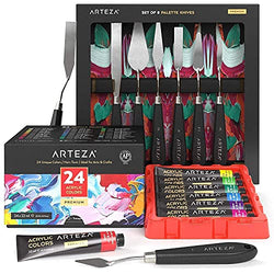 Arteza Acrylic Paints Set of 24 and Palette Knives 8 Pack Bundle, Painting Art Supplies for Artist, Hobby Painters & Beginners