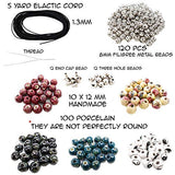 100 PCs Porcelain Bead Assortment & 120 Filigree Silver Beads Container Kit with Elastic Cord and