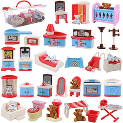 Beverly Hills Doll Collection Dollhouse Accessories Furniture and Accessory Set, All in one Bedroom, Kitchen, Laundry Room, and Bathroom 46 Piece Mega Set with Container