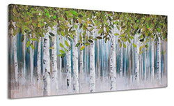 Wijotavic Large Green White Birch Painting Wall Art Decor Green Tree Forest Canvas Picture Decoration for Living Room Modern Abstract Hand Painted Artwork Hang in Bedroom Office Home