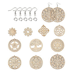 40 Pairs Unfinished Wooden Flower Dangle Earrings Kit 10 Styles Natural Wood Big Charms with Jump Rings and Earring Hooks for Jewelry Craft Making Supplies