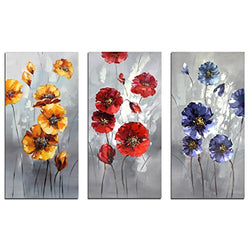 Muzagroo Art Yellow Red Flowers Paintings Hand Painted Art Wall Decor Canvas Pictures for Living Room 3 Panels(16x32inx3pcs)