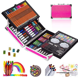 KINSPORY 137 PCS Portable Inspiration & Creativity Coloring Art Set Deluxe Painting & Drawing Supplies with Aluminum Alloy Box (Pink)