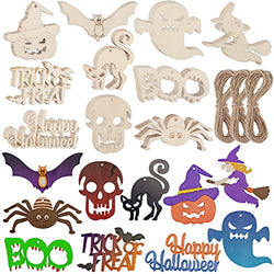HooAMI 100Pcs Halloween Wooden Slices Cutouts Ornaments DIY Crafts Unfinished Pre-drilled Natural Wood Gifts Tag Halloween Hanging Decorations for Kids Family Activities Party Favor Supplies