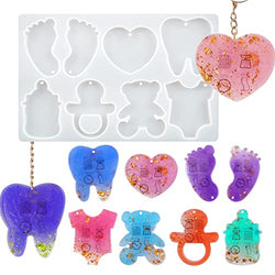 Japleed Baby Day Keychain Silicone Mold Cute Resin Mold Footprints Teeth Pendant Mold Bear Heart Shaped Decor Mould for Epoxy Resin Casting Polymer Plaster Clay Baby Memory Art Craft Charm Making