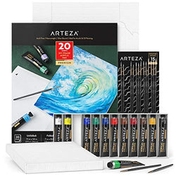 Arteza Acrylic Painting Art Set, 12 Colors Acrylic Paint, 15 Detail Brushes and 7x8.6 Inches Foldable Canvas Paper Pad Bundle, Art Supplies for Artists & Hobby Painters