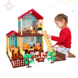 Princess Dollhouse Building Toys with Lights Dream House Playset for Girls Friends House with Furniture, Dolls and Accessories, DIY Cottage Dolls House for Kids Age 3+ Gifts (2-Story House)