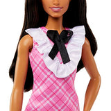 Barbie Fashionistas Doll #209 with Black Hair Wearing a Pink Plaid Dress, Pearlescent Headband and Strappy Heels